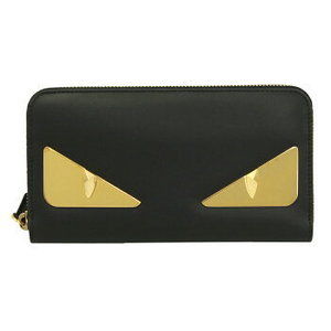 FENDI Wallet Black Zip Long Bag Bugs Appliqu Leather SQP